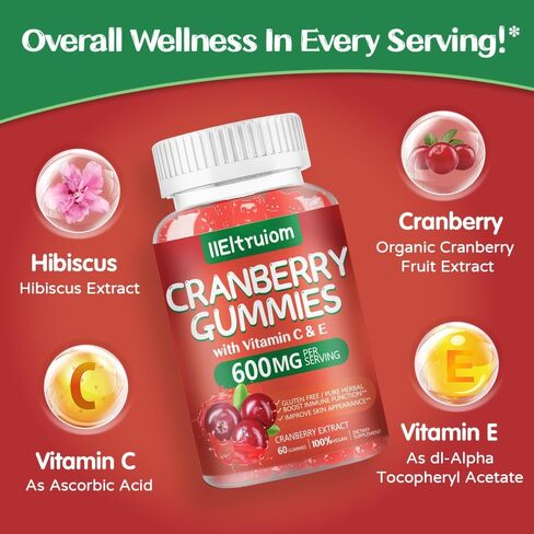 Cranberry Gummies - Urinary Tract Health for Women & Men, Chewable Cranberry Pills for Women + Vitamin C & E, Cranberry Gummies for Women with Hibiscus to Support Immune, 60 Counts in Saudi Arabia