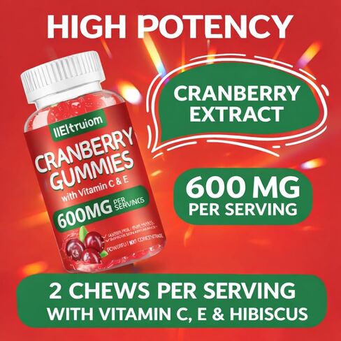 Cranberry Gummies - Urinary Tract Health for Women & Men, Chewable Cranberry Pills for Women + Vitamin C & E, Cranberry Gummies for Women with Hibiscus to Support Immune, 60 Counts in Saudi Arabia