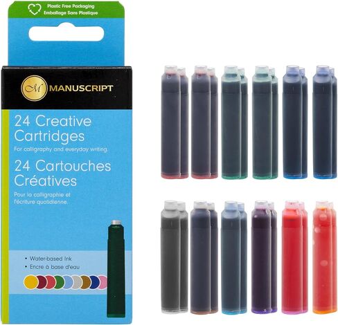 Manuscript Creative Fountain Pen Ink Cartridges 24 Pack, 9 Assorted Colors, Calligraphy and Hand Lettering Ink, International Size, Plastic Free Packaging in Kuwait