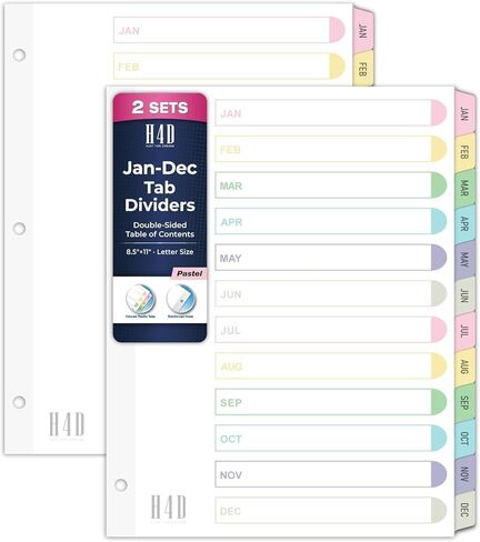 H4D Monthly Binder Dividers for 3-Ring Binder, Jan-Dec 12 Tab Dividers with Customizable Table of Contents, Multicolor Tabs, Reinforced Holes, Letter Size, Pastel, 2 Sets in Saudi Arabia