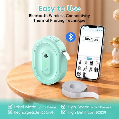 Mini-Label-Maker-N12، طابعة ملصقات بلوتوث مقاومة للماء، آلة صنع الملصقات الحرارية: لملصقات العناوين، المنزل، المطبخ، اللوازم المدرسية، تنظيم المكاتب، هدية للأطفال، مع شريط (أخضر) in Kuwait