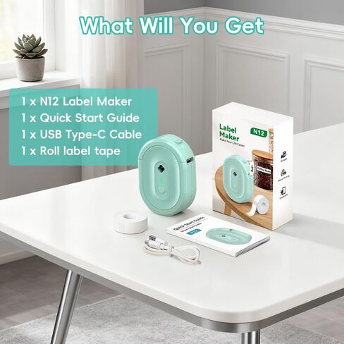 Mini-Label-Maker-N12، طابعة ملصقات بلوتوث مقاومة للماء، آلة صنع الملصقات الحرارية: لملصقات العناوين، المنزل، المطبخ، اللوازم المدرسية، تنظيم المكاتب، هدية للأطفال، مع شريط (أخضر) in Kuwait