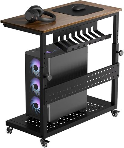 2-Tier Adjustable Rolling Computer Tower Stand, Mobile PC CPU Holder Cart with Cable Management and Hooks, Wood Grain Stand for Home Office & Gaming, Walnut in Saudi Arabia