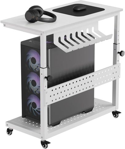 2-Tier Adjustable Rolling Computer Tower Stand, Mobile PC CPU Holder Cart with Cable Management and Hooks, Wood Grain Stand for Home Office & Gaming, Walnut in Saudi Arabia