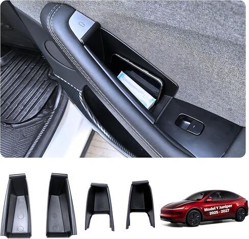 لصندوق تخزين مقبض الباب Tesla موديل Y ملحقات العرعر المنعشة 2025 2026 نموذج حاوية الهاتف Y مقبض الباب الداخلي المنظم ABS مسند الذراع الجانبي جيب الهاتف المنظم صينية 4 قطعة in Kuwait