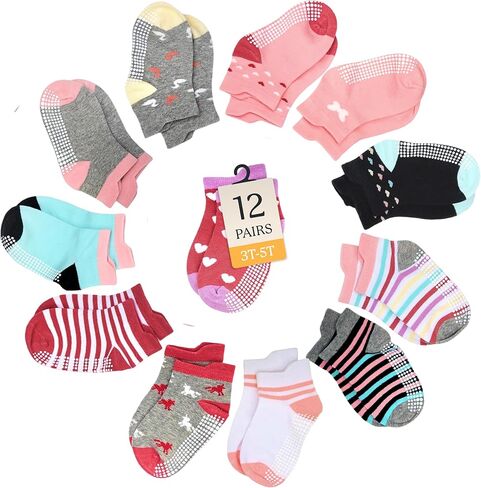 CozyWay Ankle Grip Socks for Girls, Hearts and Stripes, 6-12 Months Non-Slip Baby Socks with Soft Cotton Blend Comfortable, Flexible Fit Toddler Grippy Socks for Everyday Wear - 12 Pack in Saudi Arabia