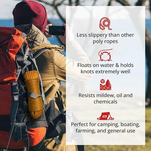 Stinson Polypropylene Rope 1/4" x 100 ft, Floating Utility Rope, Moisture Resistant Poly Rope for Boating, Camping, Tie Downs, DIY Projects and Outdoor Use in Kuwait