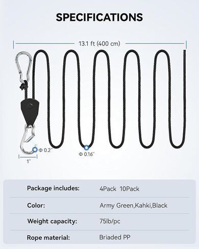10Pack Retractable Ratchet Tie Down Straps, 13 Ft 1/8" Adjustable Rope Hanger, Heavy Duty Ratcheting Pulley System with 2 Carabiner Hook, for Xmars Decorations, Hanging Plants, Grow Lights in Saudi Arabia