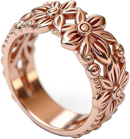 Fashion Rose Gold Daisy Flower Sunflower Ring Hollow Flowers Wedding Promise Band Statement Stackable Rings Eternity Cocktail Bands for Women Delicate Everyday Ring 6# in Saudi Arabia