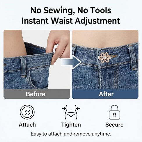 12 Sets Jeans Waist Tightener Buttons, No Sew Adjustable Waist Buckle Pins for Loose Jeans Pants Skirts, Removable Decorative Flower Waist Cinch Button, 1.0" × 1.4" in Saudi Arabia