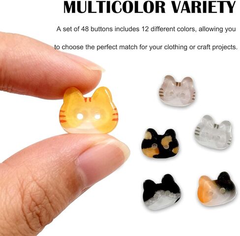 Cute Cat Shape Resin Multicolor Sewing Buttons for Shirts, Sweaters, and Jeans - 48 Pieces, 12 Colors, 2 Holes, DIY Craft Supplies in Saudi Arabia