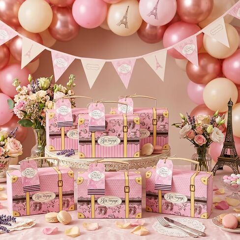 READIGO 12PCS Mini Paris Party Favor Boxes, Pink French Travel Suitcase Candy Treat Boxes with Gift Tags in Saudi Arabia