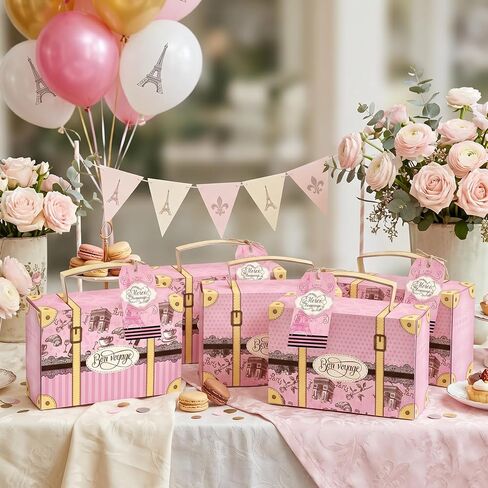 READIGO 12PCS Mini Paris Party Favor Boxes, Pink French Travel Suitcase Candy Treat Boxes with Gift Tags in Saudi Arabia