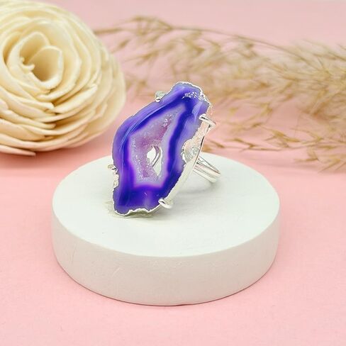 Geode Quartz Slice Druzy Crystal Quartz Gemstone Prong Setting Silver Rings for Women Sonr Size 30-40mm Approximately in Saudi Arabia