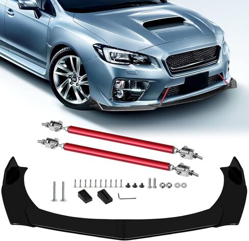 4Pcs Front Bumper Lip Chin Spoiler Splitter Diffuser Protector Air Dams Fit 66.9"-76.7'' Width Cars with 2Pcs Adjustable 8"-11" Red Splitter Rods, Glossy Black Sharp Corner in Saudi Arabia