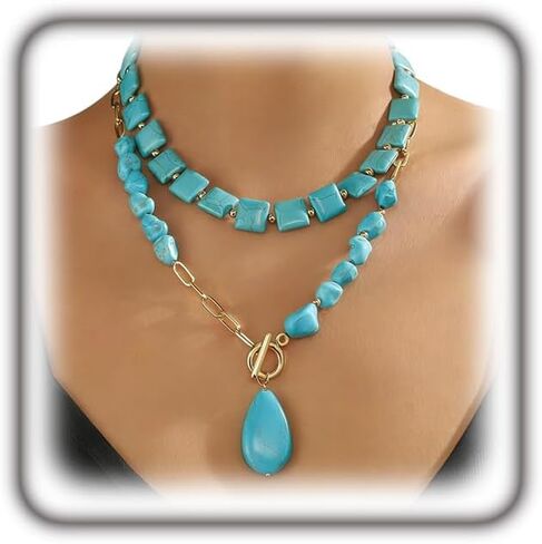 GIGB PBDK Western Turquoise Layered Chain Necklaces for Women Boho Multilevel Cactus Choker Necklace Set Tauren Link Pendant Necklaces Jewelry Gifts 2024 in Saudi Arabia