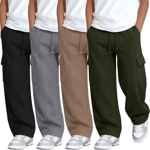 4 Pack Boy's Cargo Sweatpants Drawstring Elastic Waist Athletic Baggy Pants Casual Workout Joggers with 4 Pockets in Saudi Arabia