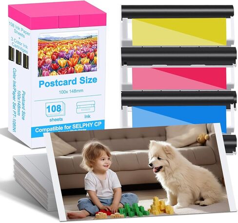 KP-108IN Color Ink and Paper Set Compatible for Canon SELPHY CP1300 CP1500 CP1200 Wireless Compact Photo Printer (4 x 6 inch 108 Ink Paper Sheets + 3 Color Ink Cartridges) in Kuwait