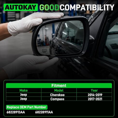 زجاج مرآة الجانب الأيسر للسائق من AUTOKAY مع مناسبات ساخنة لسيارة Jeep Cherokee 2014-2019، Jeep Compass 2017-2021، استبدال مرآة الرؤية الخلفية الخارجية للسائق تحل محل 68228913AA in Kuwait
