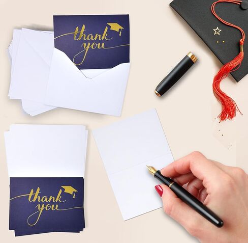 Gift Boutique 50 Graduation Thank You Cards with Envelopes Navy Blue Gold Foil Elegant Minimalist Thank You Notes Bulk Senior Congrats Party Supplies in Kuwait