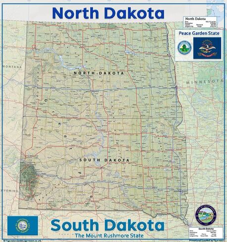North & South Dakota Physical Map - 16.5 x 17.5 Inches - Paper Laminated in Saudi Arabia