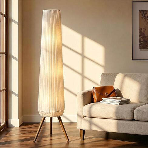 61'' Oatmeal Linen Pleated Floor Lamp, Walnut Wood Tripod Base Tall Standing Lamp with 3 Built-in Light Sockets, Soft Ambient Lighting Boho Wabi-Sabi Style Lamp for Living Room, Bedroom in Saudi Arabia