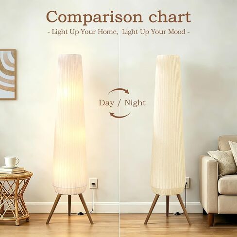 61'' Oatmeal Linen Pleated Floor Lamp, Walnut Wood Tripod Base Tall Standing Lamp with 3 Built-in Light Sockets, Soft Ambient Lighting Boho Wabi-Sabi Style Lamp for Living Room, Bedroom in Saudi Arabia