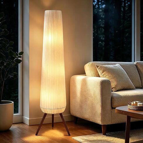 61'' Oatmeal Linen Pleated Floor Lamp, Walnut Wood Tripod Base Tall Standing Lamp with 3 Built-in Light Sockets, Soft Ambient Lighting Boho Wabi-Sabi Style Lamp for Living Room, Bedroom in Saudi Arabia