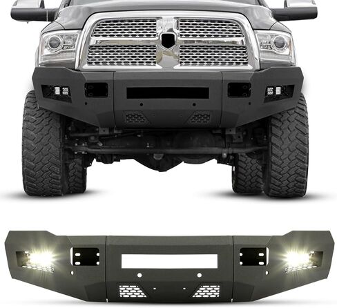 KUAFU Front Bumper Compatible with 2010 2011 2012 2013 2014 2015 2016 2017 2018 Dodge Ram 2500 3500 W/18W LED Lights Mesh Design Retains Factory Tow Hooks Steel Powder Coated Black (2 Package) in Kuwait