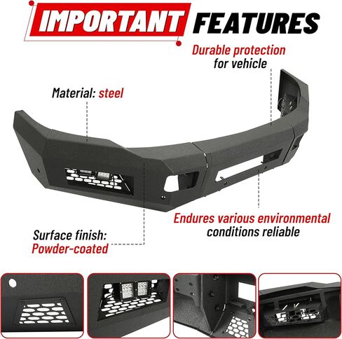 KUAFU Front Bumper Compatible with 2010 2011 2012 2013 2014 2015 2016 2017 2018 Dodge Ram 2500 3500 W/18W LED Lights Mesh Design Retains Factory Tow Hooks Steel Powder Coated Black (2 Package) in Kuwait