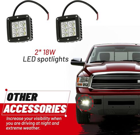 KUAFU Front Bumper Compatible with 2010 2011 2012 2013 2014 2015 2016 2017 2018 Dodge Ram 2500 3500 W/18W LED Lights Mesh Design Retains Factory Tow Hooks Steel Powder Coated Black (2 Package) in Kuwait