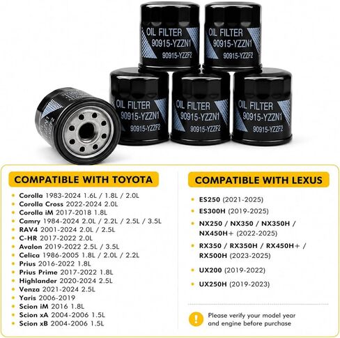 (6pcs) 90915-YZZF2 90915-YZZN1 Engine Oil Filters with Drain Plug Washers Compatible with Toyota Corolla 1993-21, Camry 1992-01, Prius 2001-09, Yaris 2006-19, Matrix 2003-08, 90915-10009 90915-YZZE1 in Saudi Arabia