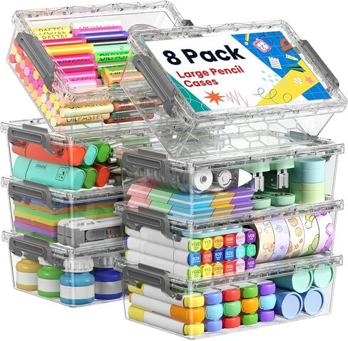 BiuLeon 8 Pack Large Pencil Box Set, Plastic Clear Pencil Case Marker Organizer, Crayon Box Craft Organizers, Stackable Storage Containers with Lid for Pen, Art and Craft Supplies(Grey) in Saudi Arabia