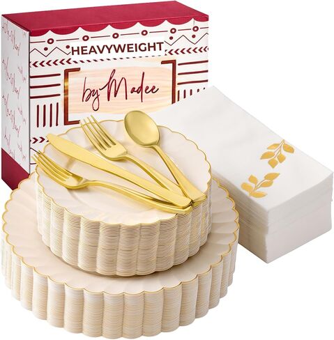 By Madee HEAVYWEIGHT 175 PCS Ivory Scalloped Plastic Plates with Gold Trim | High End Disposable Plates, Cutlery & Metallic Stamped Napkins | Elegant Disposable Dinnerware Set (25 Guests) in Saudi Arabia