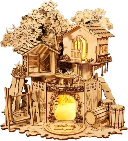MUSIC PARK 3D Wooden Puzzles Miniature Treehouse for Adults with Spark Night Lights Model Kits Room Home Decor DIY for Women in Saudi Arabia