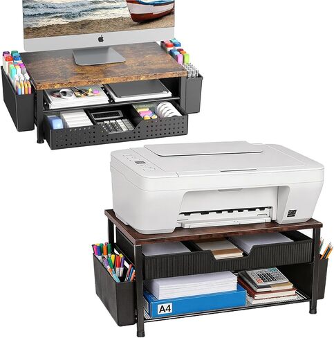 Wood Metal Monitor Riser + Printer Stand for Desk (Brown) in Saudi Arabia