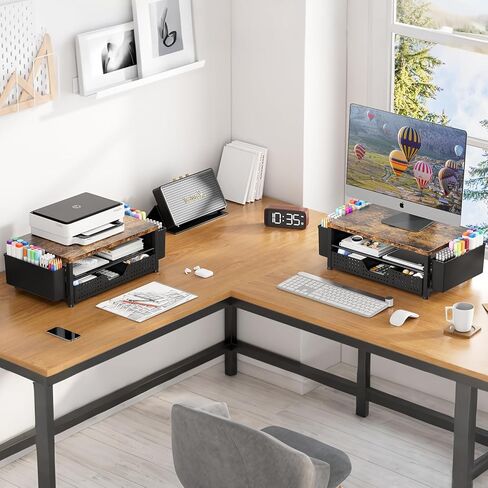 Wood Metal Monitor Riser + Printer Stand for Desk (Brown) in Saudi Arabia