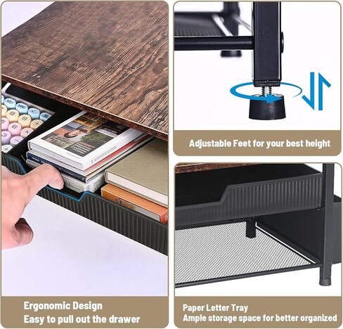 Wood Metal Monitor Riser + Printer Stand for Desk (Brown) in Saudi Arabia