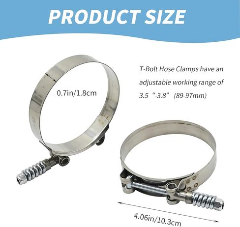 2 Pcs T-Bolt Hose Clamps, 3.5 Inch to 3.8 Inch Adjustable Hose Clamps, Fuel Line Clamp, 304 Stainless Steel Hose Clamps with Springs for Industrial Automotive in Kuwait