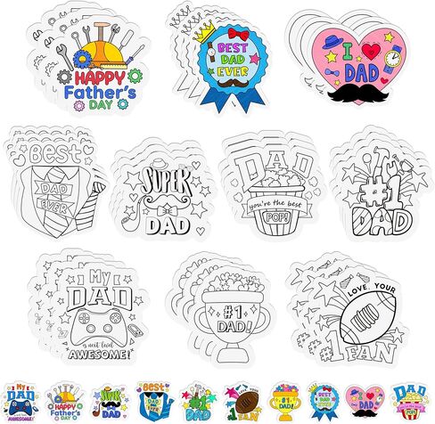 Father's Day Coloring Arts Crafts Kits - 30Pcs Color Your Own Happy Father's Day Magnets for Kids DIY Beard Trophy Coloring Magnets for Holiday Party Fridge Refrigerator School Activities Decorations in Kuwait