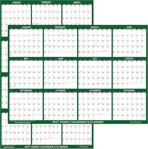 32" x 48" SwiftGlimpse 2027 Wall Calendar Erasable Large Wet & Dry Erase Laminated 12 Month Annual Yearly Wall Planner, Reversible, Horizontal/Vertical, GREEN in Kuwait