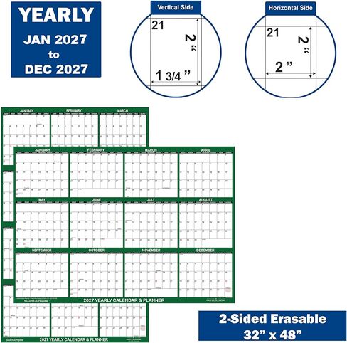 32" x 48" SwiftGlimpse 2027 Wall Calendar Erasable Large Wet & Dry Erase Laminated 12 Month Annual Yearly Wall Planner, Reversible, Horizontal/Vertical, GREEN in Kuwait
