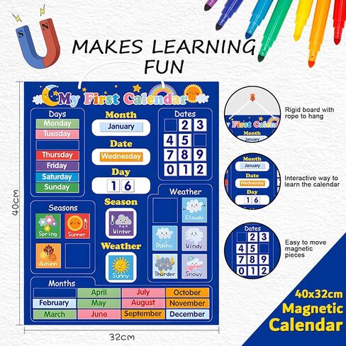 تقويم مغناطيسي للتعلم اليومي الأول من Adena Montessori Kid، أداة تعليمية ممتعة للأطفال لمواسم الوقت، تقويم الفصول الدراسية لمرحلة ما قبل المدرسة للجدار، مخطط الطقس للأطفال الصغار، حلقة تعليق سهلة 40 × 32 سم (أزرق) in Kuwait