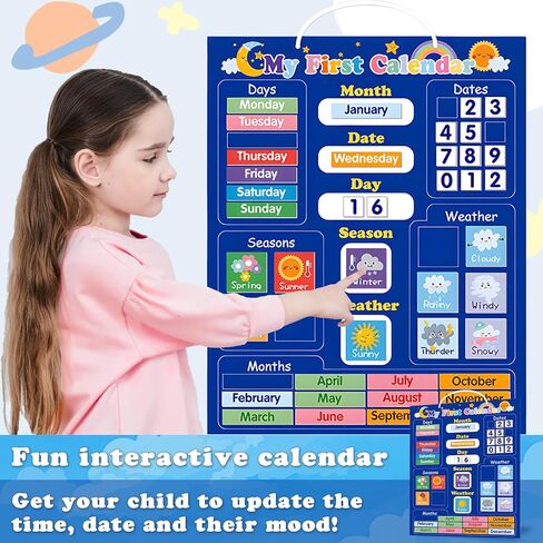 تقويم مغناطيسي للتعلم اليومي الأول من Adena Montessori Kid، أداة تعليمية ممتعة للأطفال لمواسم الوقت، تقويم الفصول الدراسية لمرحلة ما قبل المدرسة للجدار، مخطط الطقس للأطفال الصغار، حلقة تعليق سهلة 40 × 32 سم (أزرق) in Kuwait