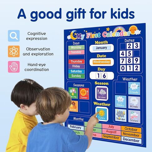 تقويم مغناطيسي للتعلم اليومي الأول من Adena Montessori Kid، أداة تعليمية ممتعة للأطفال لمواسم الوقت، تقويم الفصول الدراسية لمرحلة ما قبل المدرسة للجدار، مخطط الطقس للأطفال الصغار، حلقة تعليق سهلة 40 × 32 سم (أزرق) in Kuwait