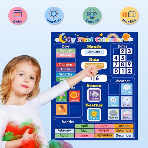 تقويم مغناطيسي للتعلم اليومي الأول من Adena Montessori Kid، أداة تعليمية ممتعة للأطفال لمواسم الوقت، تقويم الفصول الدراسية لمرحلة ما قبل المدرسة للجدار، مخطط الطقس للأطفال الصغار، حلقة تعليق سهلة 40 × 32 سم (أزرق) in Kuwait