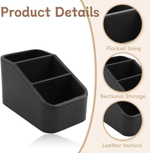 PU Leather Remote Control Holder, Small TV Remote Holder with 3 Compartments, Bedside Table Desktop Organizer for DVD, Media Player, Heater Controllers, Cosmetics, Office Supplies(COLOR:Black) in Saudi Arabia