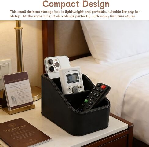 PU Leather Remote Control Holder, Small TV Remote Holder with 3 Compartments, Bedside Table Desktop Organizer for DVD, Media Player, Heater Controllers, Cosmetics, Office Supplies(COLOR:Black) in Saudi Arabia