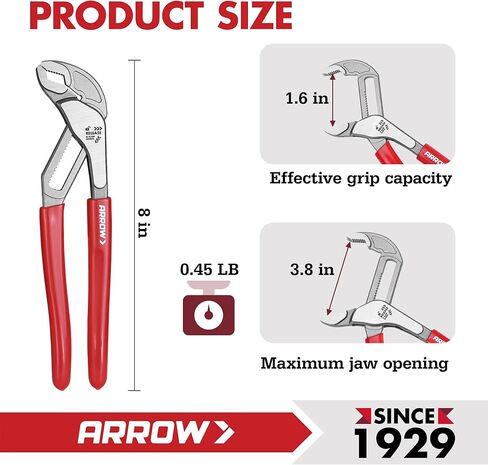 Arrow 8" V-Jaw Groove Joint Pliers, Quick Adjustable Water Pump Pliers with 18 Positions, CR-V Steel, for Plumbing, Automotive, Mechanical Repair and Household Use in Kuwait