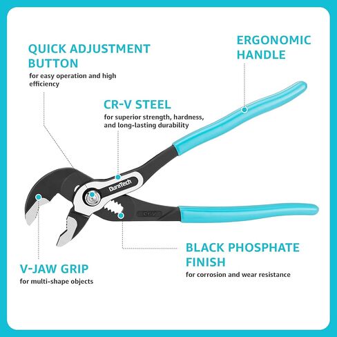 DURATECH 10-Inch Water Pump Pliers, Quick-Adjust Groove Joint with V-Jaw Design, Tongue-and-Groove Pliers, Premium CR-V Steel, Comfort Grip for Plumbing, DIY & Home Use in Kuwait